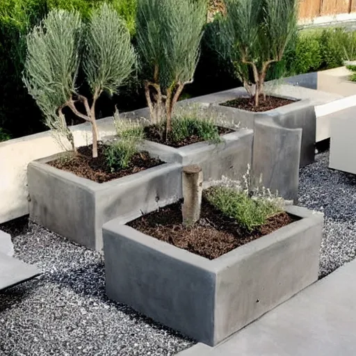 Image similar to creative concrete pots with seatings, olive trees, wpc decking on the floor