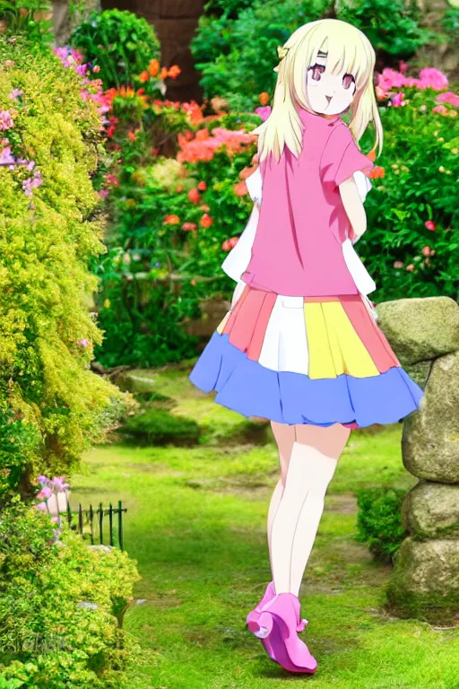 Image similar to a very cute art of a smiling blonde anime girl idol wearing a colorful dress walking at the garden, tongue out, cheeky, in the style of anime, near a stone gate