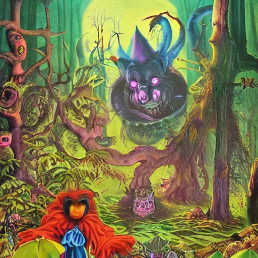 Prompt: a scene of colorful cartoon monsters in the clearing of a dark fantasy forest surrounded by darkness. hyperrealist illustration. muted colors. 1 9 7 0's pulp science fiction and fantasy cartoon for alice in wonderland and wizard of oz. highly detailed and richly colored painting by don ivan punchatz. trending on artstation