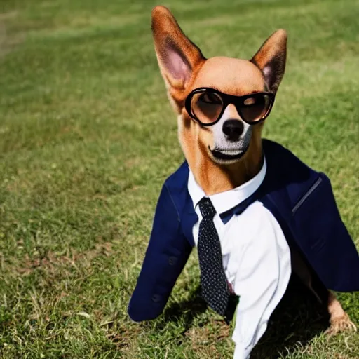 Prompt: an adult dog in a formal suit, wearing glasses and a coat, on his hind legs