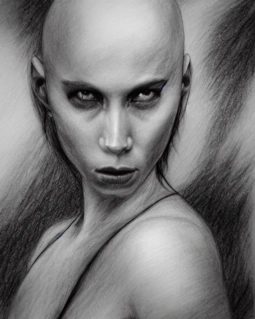 Image similar to A beautiful female warrior on a faded background of a pirate ship and a deserted island, realism pencil drawing on white paper, bald lines