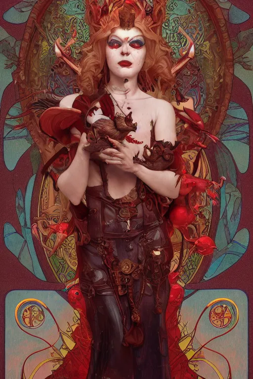 Prompt: zoom in 3 d render of demon with red face in church holding birds, ornaments, mucha vibe, dieselpunk, solarpunk, artstation, andrei riabovitchev