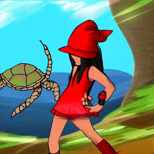 Image similar to concept art for a turtle girl with red cap, anime 2d platformer