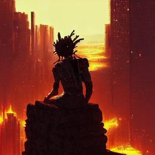 Prompt: a cyberpunk zulu warrior sitting on a cliff watching an enormous metropolitan city burn!! from a distance at night, fire, by alena aenami and android jones and greg rutkowski, Trending on artstation, hyperrealism, elegant, stylized, highly detailed digital art, 8k resolution, hd, global illumination, radiant light, detailed and intricate cyberpunk ghetto environment, rendered in octane, post processed, wide angle, dynamic portrait