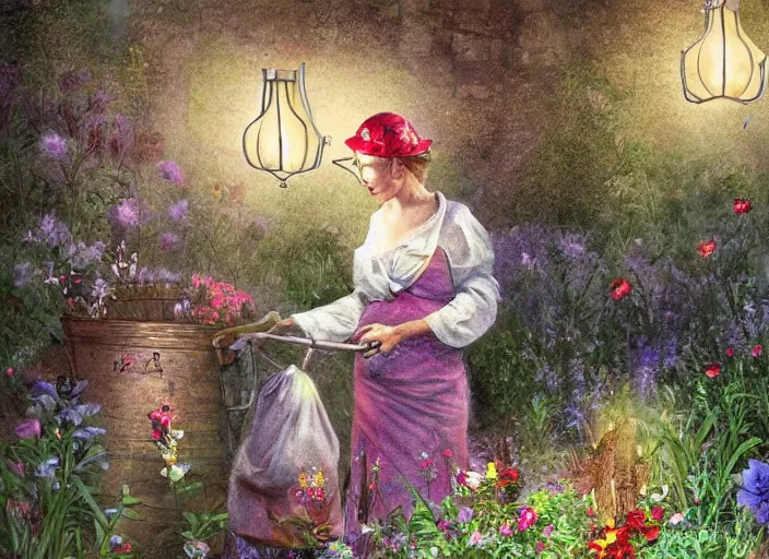 Image similar to a woman with a miner ’ s lamp on her head tending her garden at midnight, digital art, cgsociety, night like colours, garden full of flowers