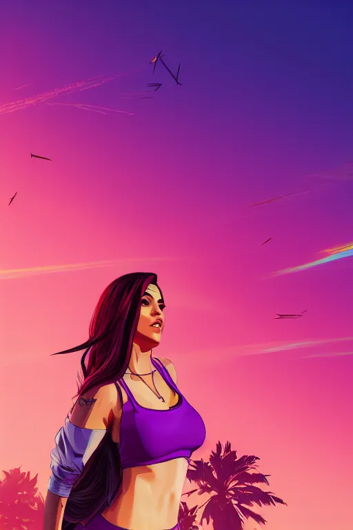 Image similar to a stunning GTA V loading screen with a beautiful woman with ombre purple pink hairstyle, hair blowing in the wind, sunset mood, outrun, vaporware, retro, digital art, trending on artstation