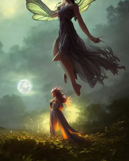 Image similar to attractive fairy goddness fly high in the night, d & d, fantasy, mist, full moon in background, trees, hyper detailed, art by artgerm and greg rutkowski and magali villeneuve, midium shot, 8 k realistic, cryengine, digital painting, trending on artstation, concept art, sharp focus, illustration,