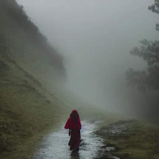 Image similar to define the character of a beautiful girl, messy long red hair, messy wet grey tribal clothes, short torn up pants, she is walking on a mountain and we see down in a deep valley a very poor old shanti town with wooden ruins, medieval time, heavy rain, late at night, mist, cinematic, 8 k,