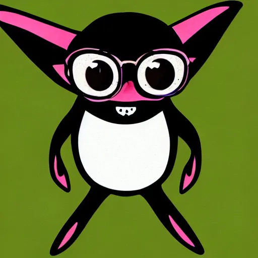 Prompt: simple illustration of a cute and happy bat with thick glasses