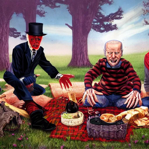Image similar to freddy krueger, lich lenin and joe biden on a picnic, photo portrait, hyper realism, creepy, symmetry, awesome exposition, very detailed, highly accurate, professional lighting diffracted lightrays, 8 k, sense of awe