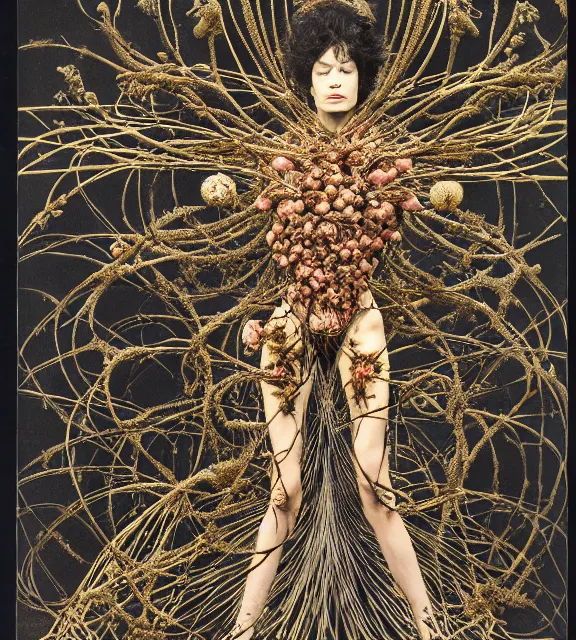 Image similar to still frame from Prometheus, ornate filament gaia sowing in blossoming mycelium gardens, dressed by Neri Oxman and alexander mcqueen, metal couture haute couture editorial by utagawa kuniyoshi by giger