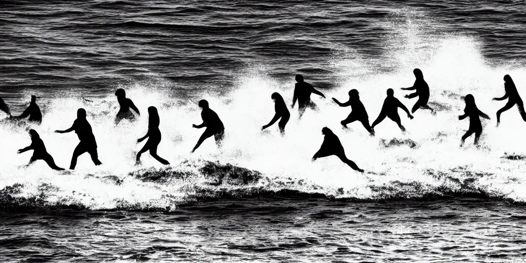 Image similar to multiple persons breaking the rules and breaking the waves, concept art, high contrast, on white, shadows