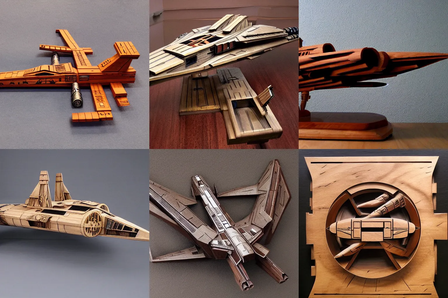Prompt: photorealistic wood carving of a star wars x - wing spaceship.