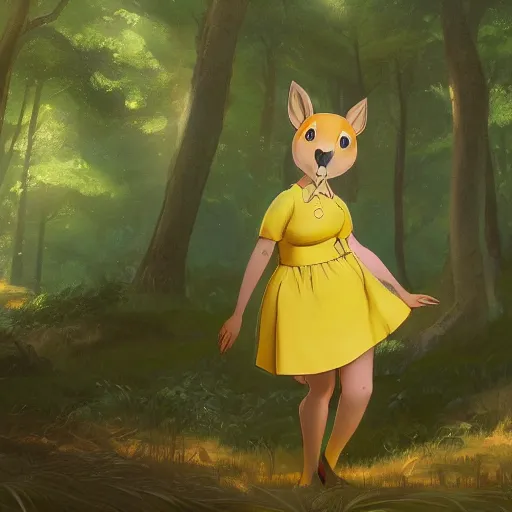 Prompt: concept art painting of an anthropomorphic chubby doe wearing yellow dress, in the deep forest, realistic, detailed, cel shaded, in the style of makoto shinkai and greg rutkowski and james gurney