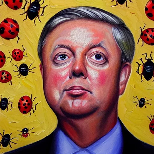 Image similar to painting of lindsey graham composed of ladybugs. masterpiece oil painting.