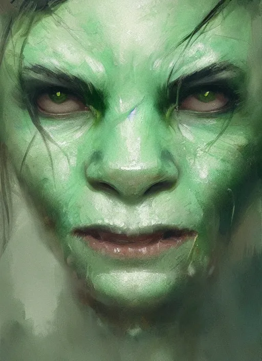 Image similar to green orc female, light green tone beautiful face, by jeremy mann, by greg rutkowski, digital painting