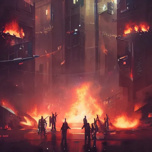 Image similar to angry rioters with placards, detailed digital illustration by greg rutkowski, fire, android netrunner