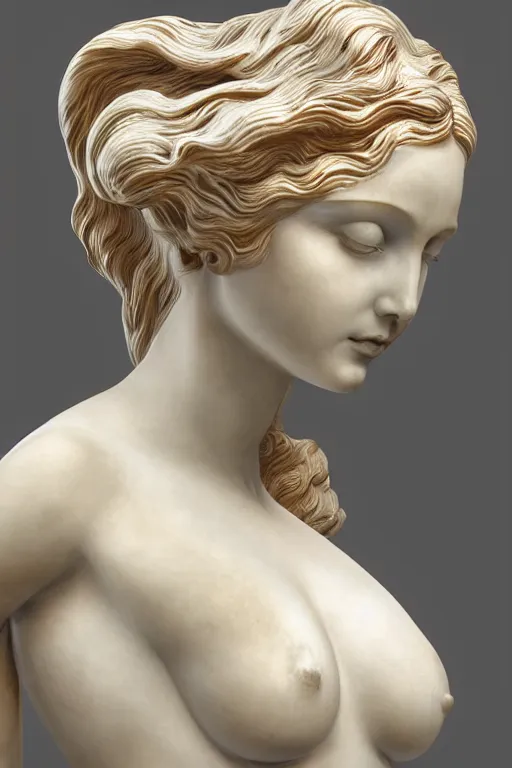 Image similar to Marble Sculpture of Aphrodite rising out of the sea in a clam shell, photorealistic, volumetric lighting, inspired by The Birth of Venus by Sandro Botticelli, trending on artstation.