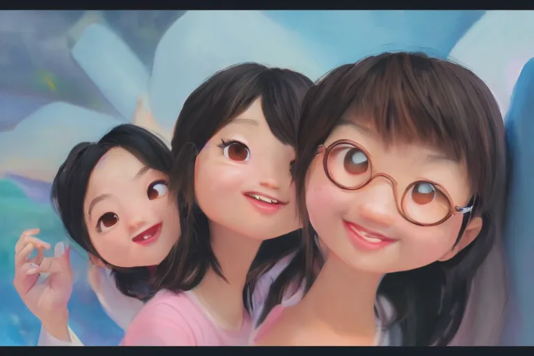 Image similar to a painting of cute Asian girls smiling, in the style of Pixar animation, low angle view, 16mm lens, award winning, hyper detailed, dramatic lighting, artstation, octane renderer, unreal engine