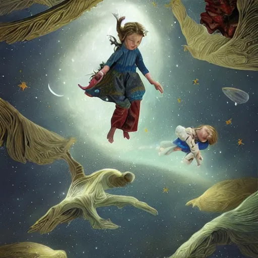 Image similar to realistic detailed children flying through the stars by emilia dziubak, will terry, greg olsen, chris mars, ann long, and mark brooks, dramatic, fairytale, art nouveau, victorian, neo - gothic, gothic, character concept design, storybook design