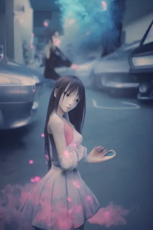 Prompt: art by D. Jun, by Mo Xiang Tong Xiu, Infrared Unreal Engine 3d dark render, cute girls in Japanese maid's clothes and smoking inside a JDM car at night in a parking lot, anime vintage colors, polaroid, foggy, smoke, steam, parov, daz 3d, octane render, trending on artstation, volumetric light, cinematic render, ultra realistic, oil painting