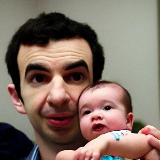 Prompt: cctv close up shot of Nathan fielder holding a baby