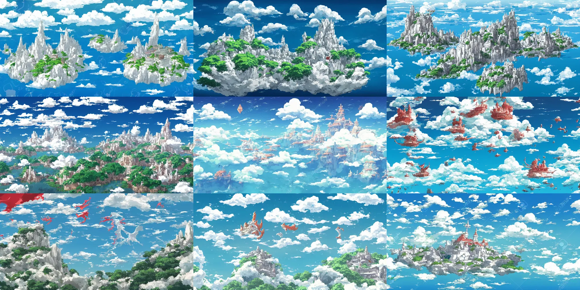 Prompt: floating marble island in the sky with a big white medieval marble city on it, flying red dragons, laputa, studio ghibli, anime style, azure blue sky,