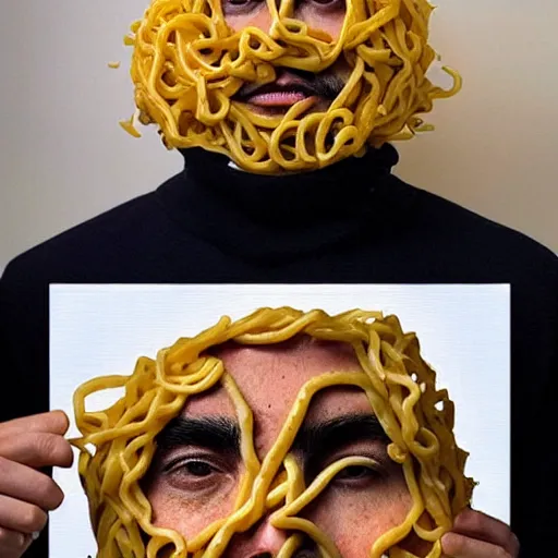 Prompt: A man whose face is made entirely out of pasta