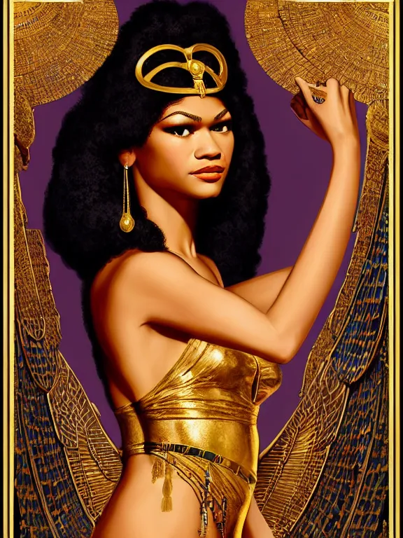 Prompt: zendaya as the Egyptian goddess bast, a beautiful art nouveau portrait by Gil elvgren, Nile river moonlight environment , centered composition, defined features, golden ratio, gold jewlery, photorealistic professional lighting, cinematic