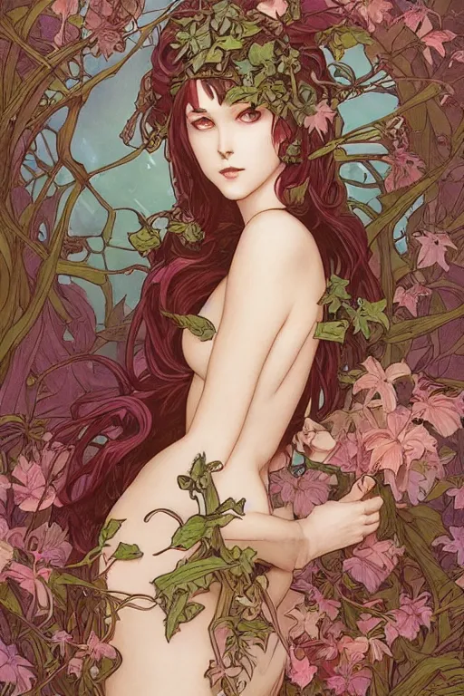Prompt: Art Nouveau Lilith Queen of the moon, Lush Garden Leaves and Flowers, Sensual esoteric woman in a manga cover style, full body image, headshot, D&D, fantasy, highly detailed, digital painting, artstation, concept art, sharp focus, illustration, art by artgerm and greg rutkowski and alphonse mucha