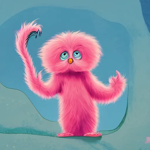 Prompt: dr. seuss sad lonely creature | cute but sad | pink and fluffy character | pity | midnight paintings | intricate detail | bold colors | illustration | lonely barren dreary island | detailed environment