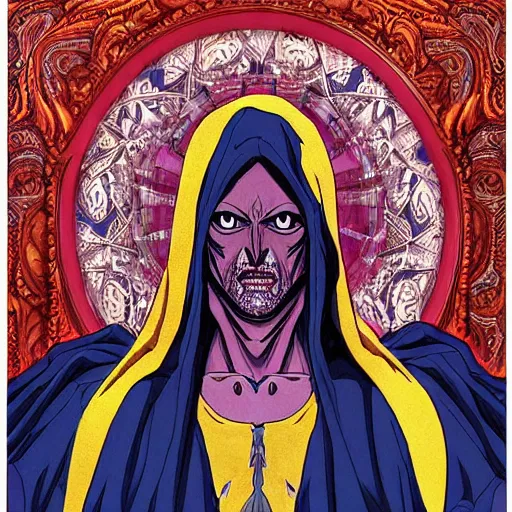 Image similar to 4K headshot portrait of godlike Warlock of Nazareth with defined arms and open hands and bloody clothes with giant mandala wings , intricate face , flawless anime cel animation by Kentaro Miura, psychedelic , highly detailed upper body , professionally post-processed , beautiful, scary, symmetry accurate features, epic, octane rendered, anime masterpiece, accurate by Craig Mullins, ilya kuvshinov, krenz cushart, epic , artgerm trending on artstation by Edward Hopper and Dan Mumford and WLOP and Rutkovsky, beksinski carl spitzweg moebius and tuomas kocar, intricate artwork by caravaggio, Unreal Engine 5, Lumen, Nanite