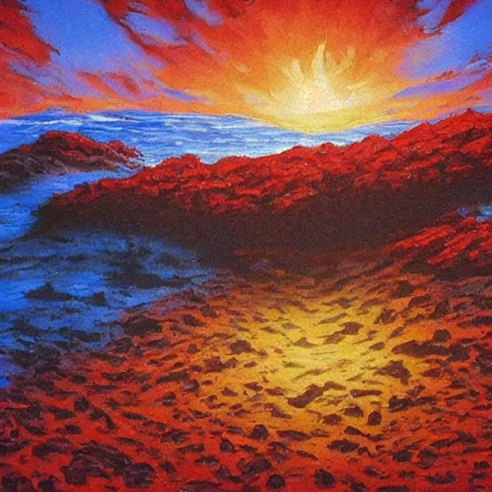 Image similar to a alien planet with a red ocean and blue sand and rocks at sunrise, bob ross painting, high coherence, highly detailed, high quality, masterpiece, award - winner, hyperrealistic