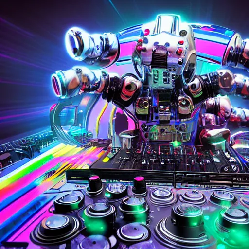 Image similar to album art, the band name is roborock, techno music, band with 3 steampunk futuristic robots on a dj desk with a cd mixer, 8 k, flourescent colors, halluzinogenic, multicolored, exaggerated detailed, front shot, 3 d render, octane