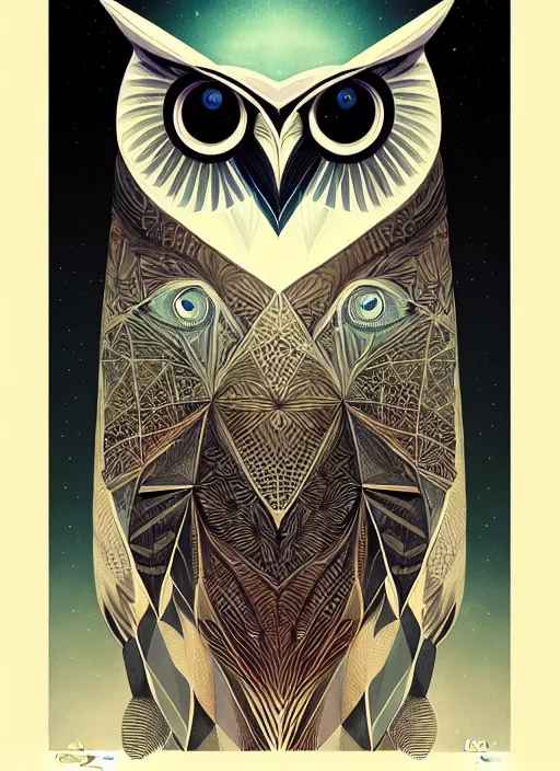 Image similar to portrait of a geometric owl, identical eyes, medium shot, illustration, full body made of white feathers, symmetrical, art stand, super detailed, cinematic lighting, and its detailed and intricate, gorgeous, by peter mohrbacher