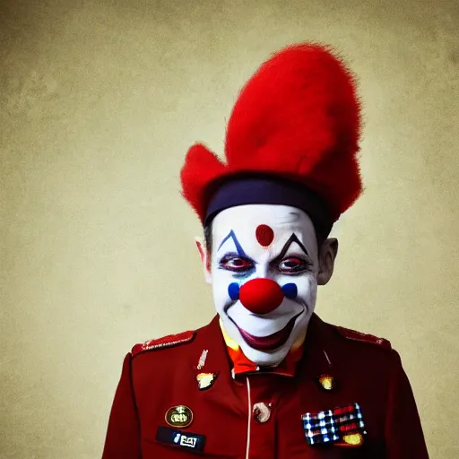 Image similar to clown in war uniform , award winning photograph , 4k , HD