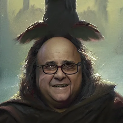 Prompt: Danny DeVito as a magical wizard. Academic painting by Greg Rutkowski, Mobile still frame. 4K UHD