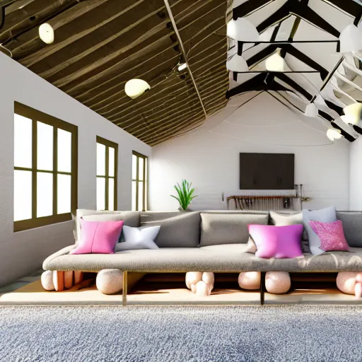 Image similar to interior view of modern futuristic farm barn architecture and interior design showing cows! laying down on sofas and pigs! and chickens! sitting in lounge chairs, wall art, throw pillows, areas rugs, feed troughs, hay, detailed luminescent oil painting 4 k