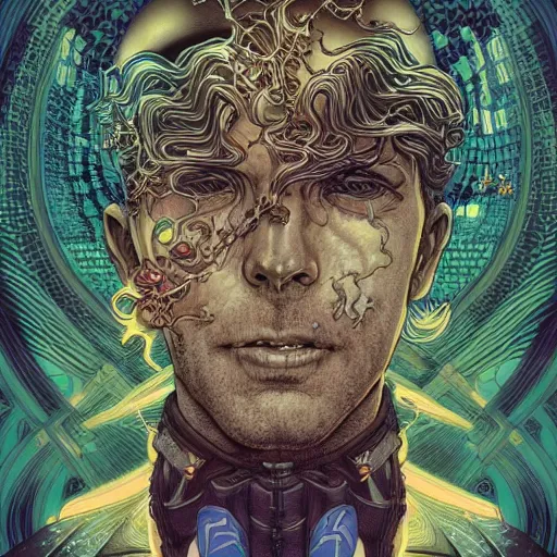 Image similar to portrait of crazy rick deckard, symmetrical, by yoichi hatakenaka, masamune shirow, josan gonzales and dan mumford, ayami kojima, takato yamamoto, barclay shaw, karol bak, yukito kishiro