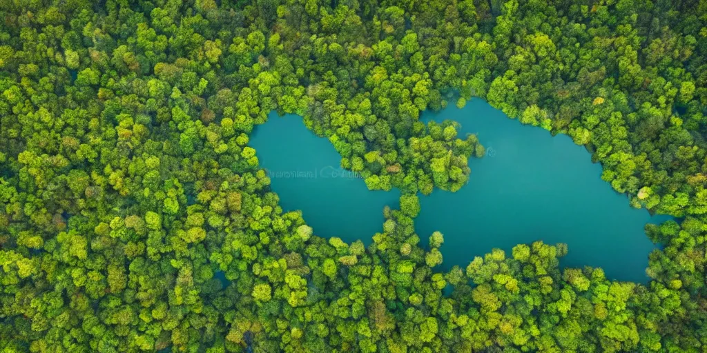 Image similar to areal view of peninsula, village, surrounded by two lakes, forest, national park, very detailed, 4 k, award winning photography