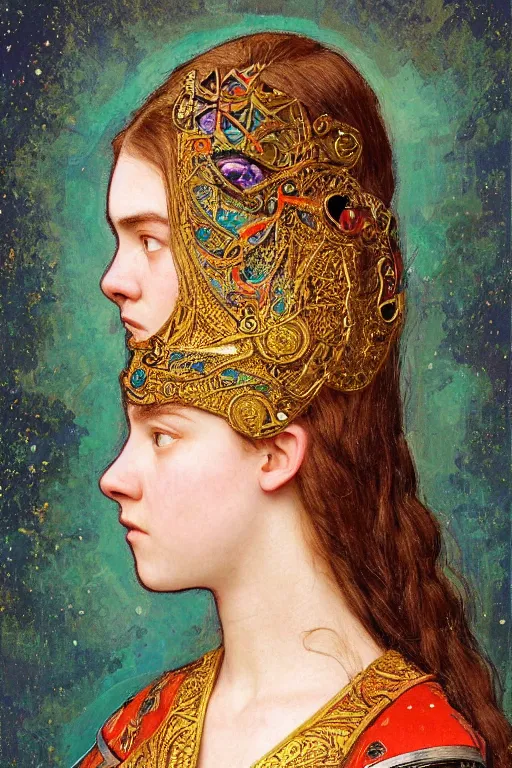 Image similar to a colorful head and torso art nouveau portrait of a 16-year old sun goddess who resembles Saoirse Ronan and Anya Taylor Joy with a worried, intense gaze and slightly opened mouth, ornate intricate iridescent battle armor, intricate, elegant, highly detailed, digital painting, artstation, concept art, smooth, sharp focus, illustration, art by John William Waterhouse and Bouguereau and Donato Giancola and alphonse mucha