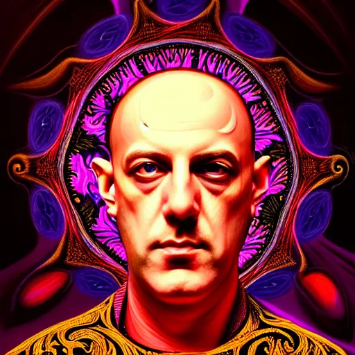 Image similar to An extremely psychedelic portrait of AleisterCrowley, surreal, LSD, face, detailed, intricate, elegant, lithe, highly detailed, digital painting, artstation, concept art, magical, magic, magick, Occult, smooth, sharp focus, illustration