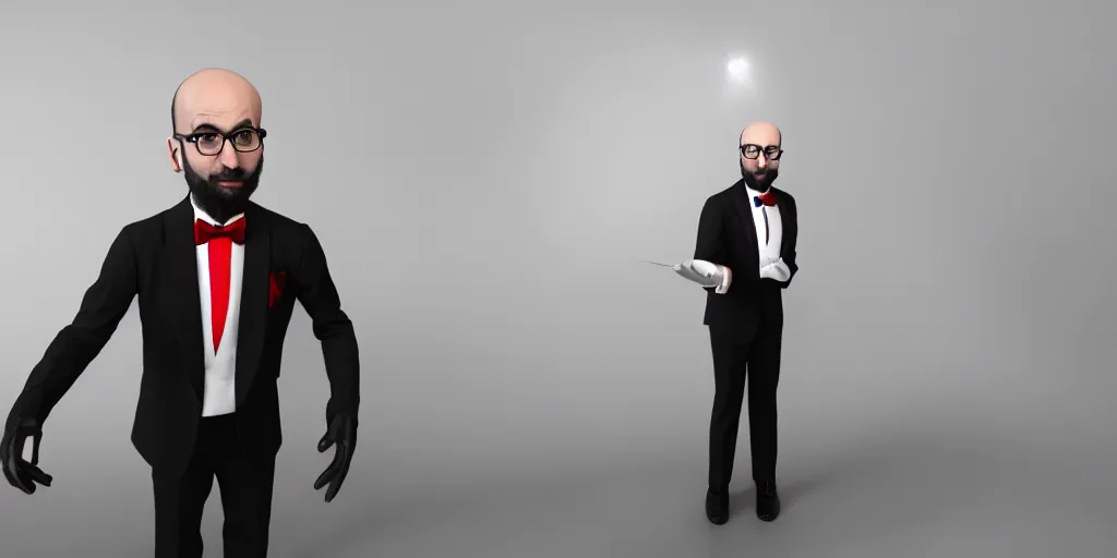 Image similar to gorgeous 3d render of VSauce in a tuxedo and red bow tie ominously standing in a living room, realistic volumetric lighting, realistic reflections, rendered by Octane, highly realistic, 4k wallpaper, trending on Artstation, by Yoshitaka Amano