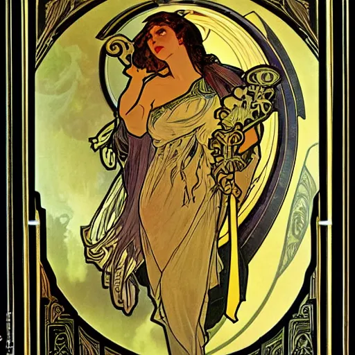 Image similar to paladin, painted by alphonse mucha