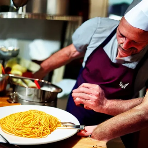 Image similar to italian chef cooking a plate of colorful yarn like spaghetti