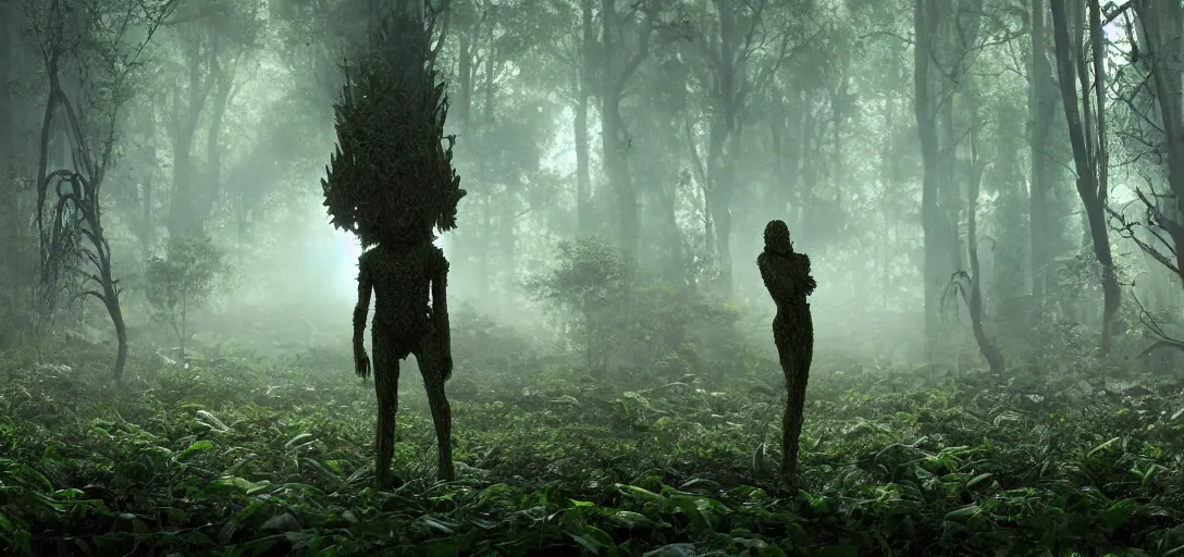 Image similar to a complex organic fractal 3 d metallic symbiotic ceramic humanoid megastructure creature in a swampy lush forest, glowing eyes, foggy, sun rays, cinematic shot, photo still from movie by denis villeneuve, wayne barlowe