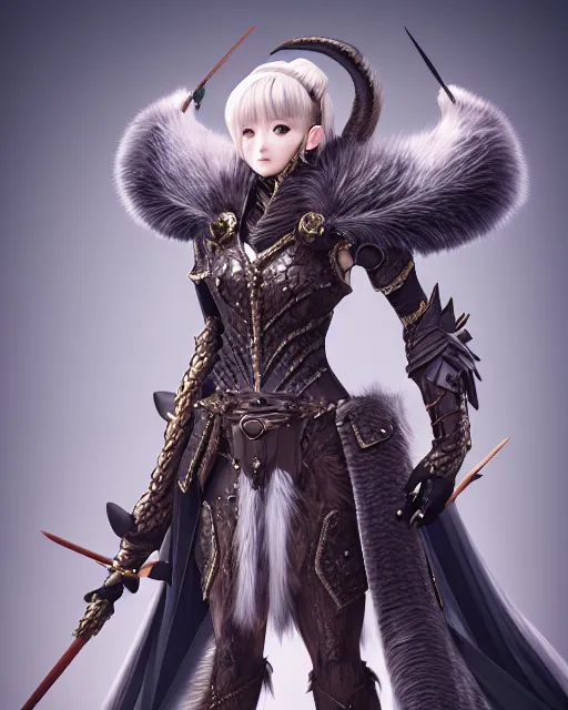 Image similar to dragon hunter, fur - lined armor!!! beautiful and elegant female!! gorgeous ayes!! character concept art, sharp focus, illustration, kinu nishimura!! ayami kojima! shunya yamashita! edayan!! octane render! unreal engine 5! highly rendered!! trending on artstation!! detailed linework!!