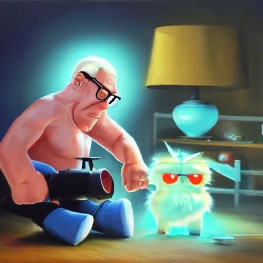 Image similar to hank hill fighting a furby to the death oil painting, cgsociety