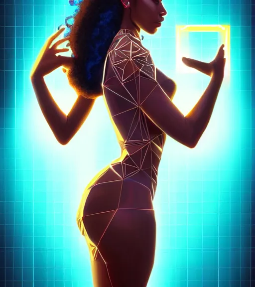 Image similar to symmetry!! latin princess of technology, solid cube of light, hard edges, product render retro - futuristic poster scifi, lasers and neon circuits, beautiful brown skin woman latin princess, intricate, elegant, highly detailed, digital painting, artstation, concept art, smooth, sharp focus, illustration, dreamlike, art by artgerm