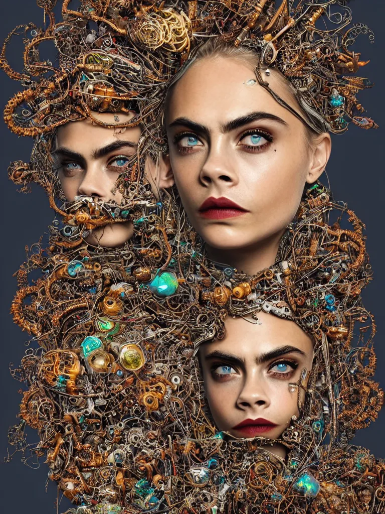 Image similar to a photo real centered image of cara delevingne beautiful tribal goddess surrounded by intertwining bio - mech tendrils made of machine and robot parts and gemstones and leaves and feathers and incense smoke, full body, gorgeous face, perfect face, powerful, by james jean, by ross tran, 3 d, cinema 4 d render, trending on artstation, octane render, 8 k